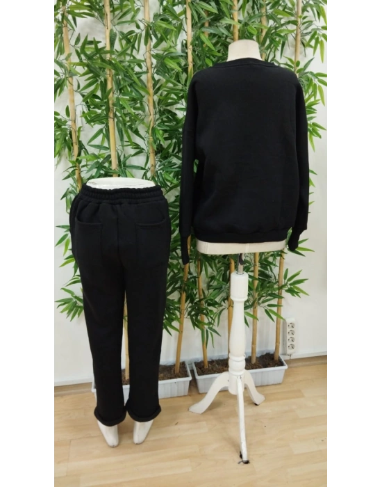 Kadın Uzun Kollu Bisiklet Yaka şardonlu üç Iplik Bluz Ve Pantolon Ikili Takım