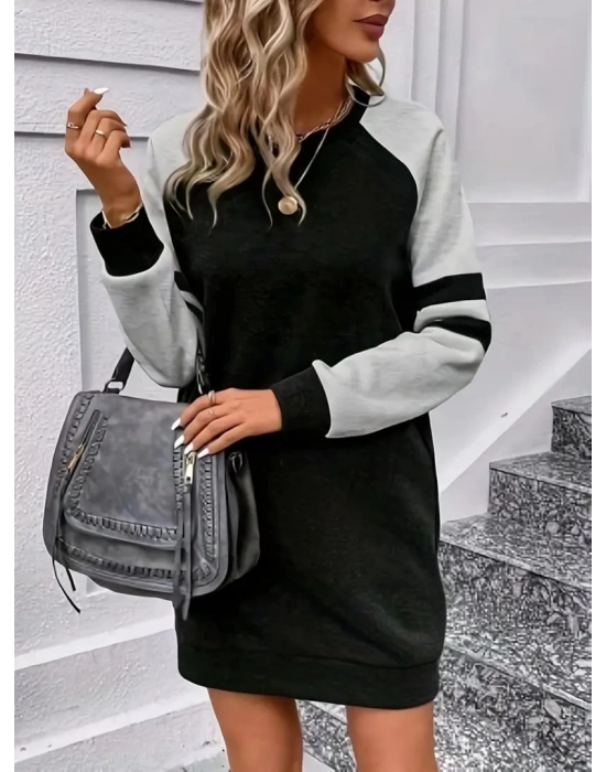 Kadın Uzun Kollu Bisiklet Yaka şardonlu üç Iplik Kısa Elbise