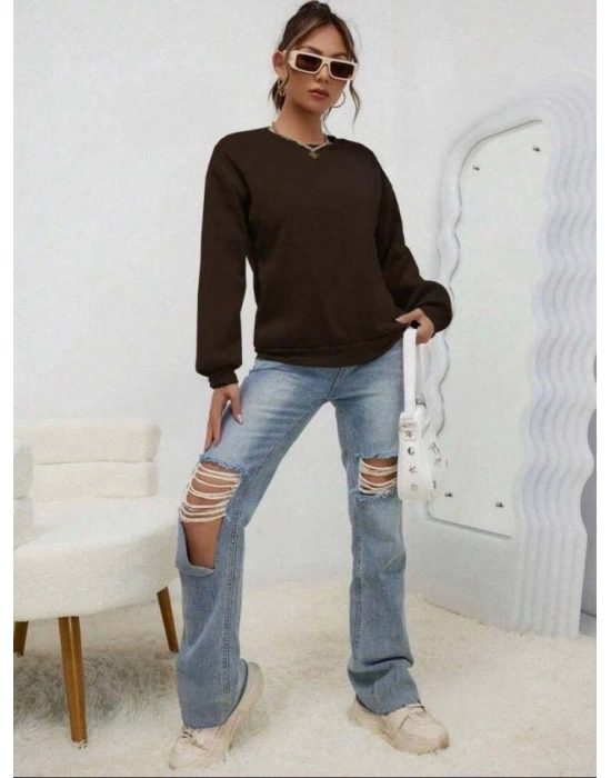 Kadın Uzun Kollu Bisiklet Yaka şardonlu üç Iplik Kumaş Sweat