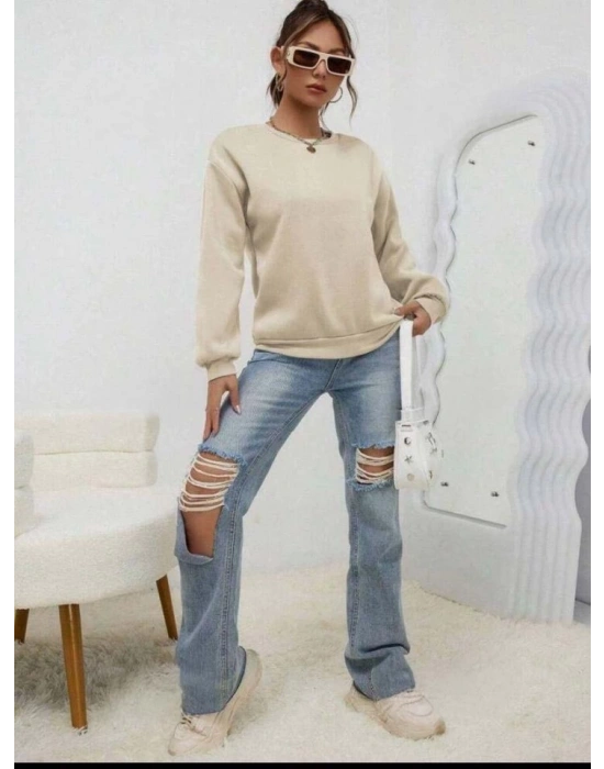 Kadın Uzun Kollu Bisiklet Yaka şardonlu üç Iplik Kumaş Sweat