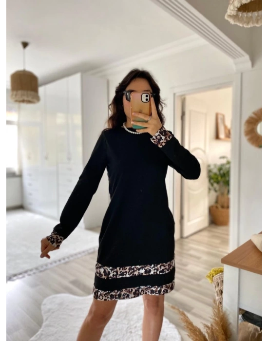 Kadın Uzun Kollu Bisiklet Yaka şerit Leopar Desenli Dalgıç Elbise