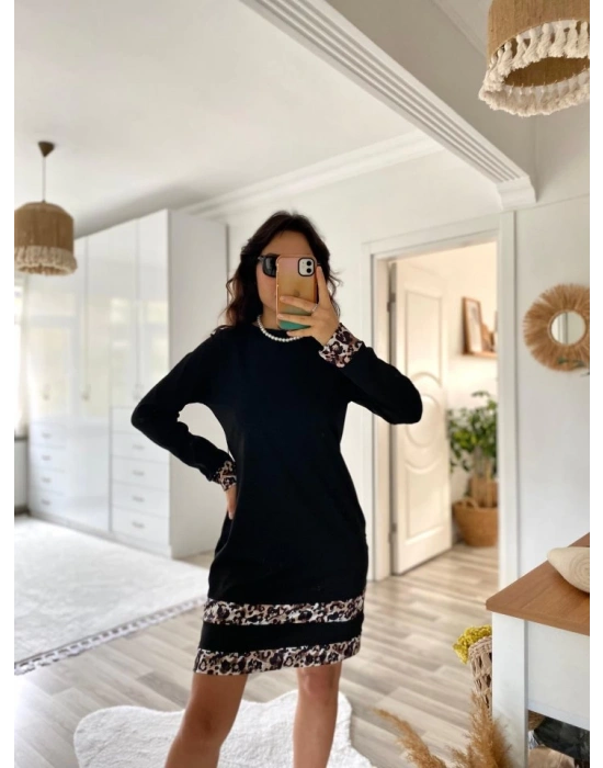 Kadın Uzun Kollu Bisiklet Yaka şerit Leopar Desenli Dalgıç Elbise