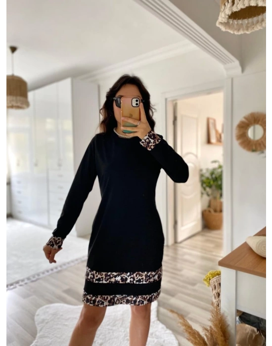 Kadın Uzun Kollu Bisiklet Yaka şerit Leopar Desenli Dalgıç Elbise