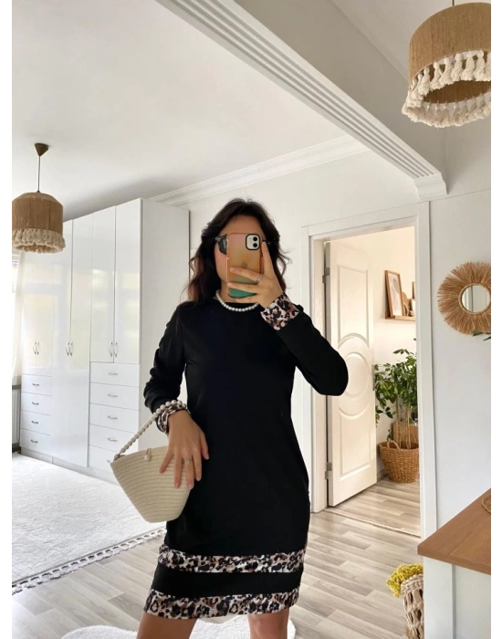 Kadın Uzun Kollu Bisiklet Yaka şerit Leopar Desenli Dalgıç Elbise