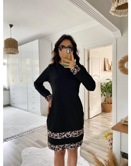 Kadın Uzun Kollu Bisiklet Yaka şerit Leopar Desenli Dalgıç Elbise
