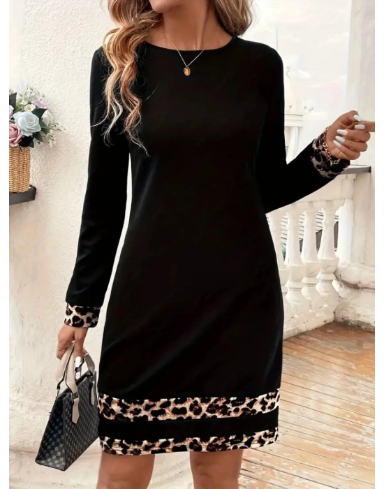 Kadın Uzun Kollu Bisiklet Yaka şerit Leopar Desenli Kısa Dalgıç Elbise