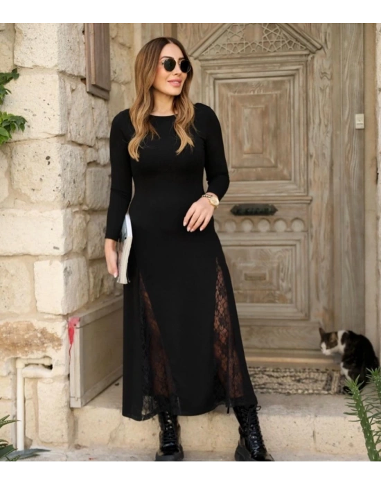 Kadın Uzun Kollu Bisiklet Yaka Sırt Dekolteli Dantel Yırtmaçlı Uzun Krep Elbise