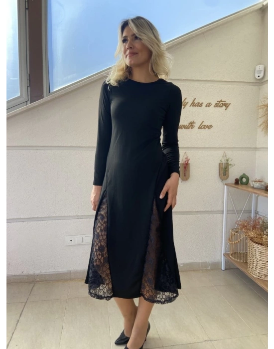 Kadın Uzun Kollu Bisiklet Yaka Sırt Dekolteli Dantel Yırtmaçlı Uzun Krep Elbise