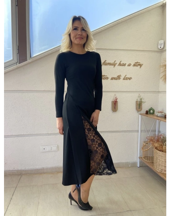 Kadın Uzun Kollu Bisiklet Yaka Sırt Dekolteli Dantel Yırtmaçlı Uzun Krep Elbise