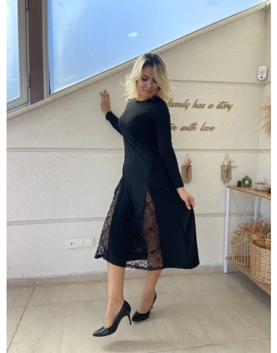 Kadın Uzun Kollu Bisiklet Yaka Sırt Dekolteli Dantel Yırtmaçlı Uzun Krep Elbise