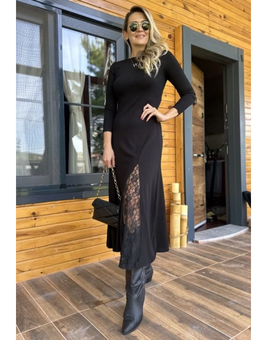 Kadın Uzun Kollu Bisiklet Yaka Sırt Dekolteli Dantel Yırtmaçlı Uzun Krep Elbise