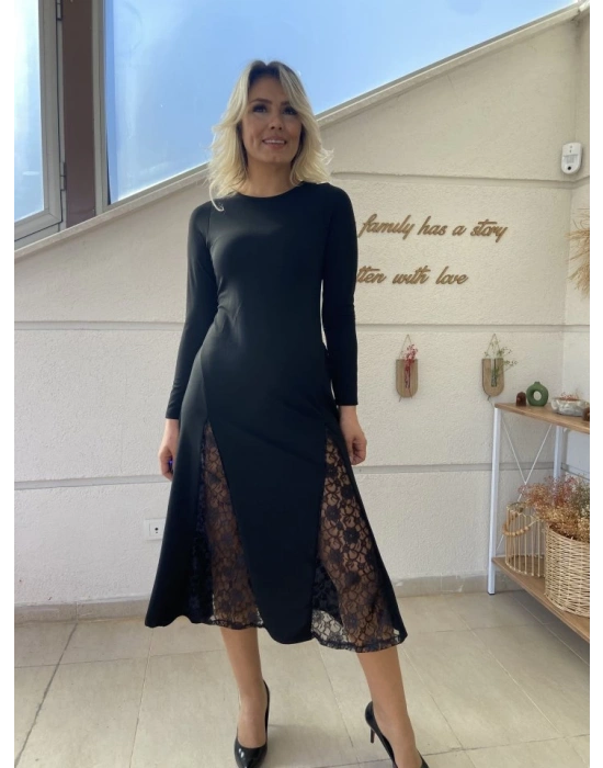 Kadın Uzun Kollu Bisiklet Yaka Sırt Dekolteli Dantel Yırtmaçlı Uzun Krep Elbise