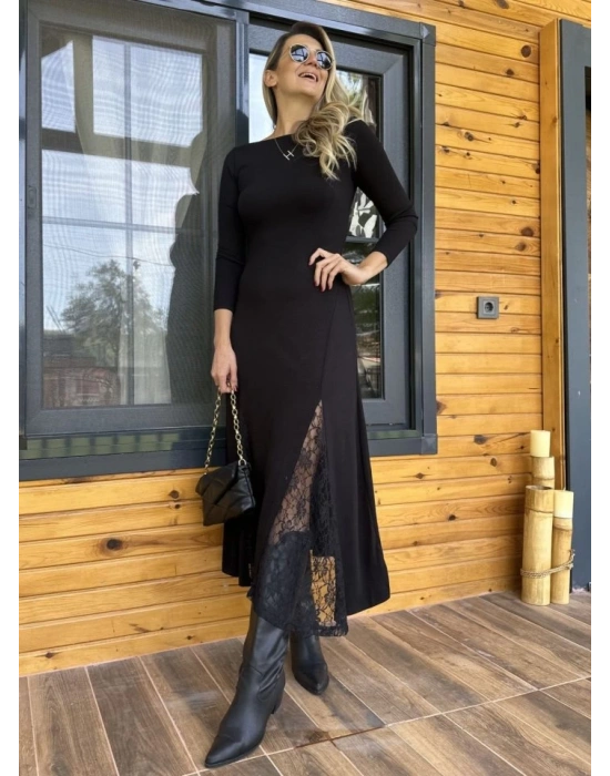 Kadın Uzun Kollu Bisiklet Yaka Sırt Dekolteli Dantel Yırtmaçlı Uzun Krep Elbise