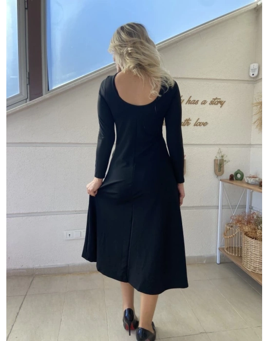 Kadın Uzun Kollu Bisiklet Yaka Sırt Dekolteli Dantel Yırtmaçlı Uzun Krep Elbise