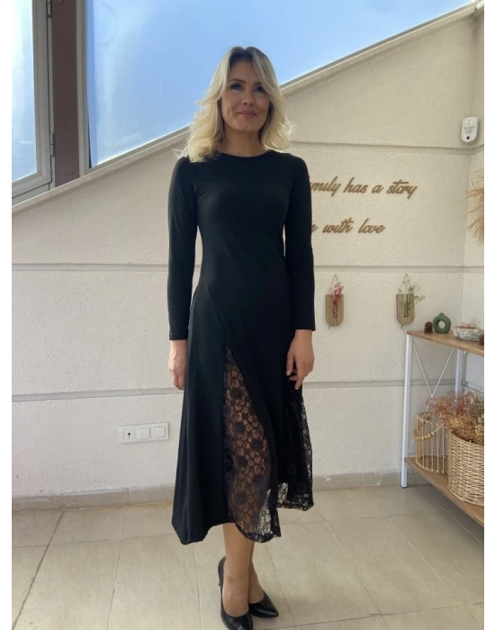 Kadın Uzun Kollu Bisiklet Yaka Sırt Dekolteli Dantel Yırtmaçlı Uzun Krep Elbise