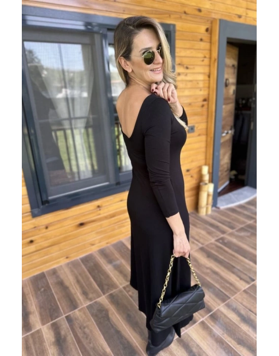 Kadın Uzun Kollu Bisiklet Yaka Sırt Dekolteli Dantel Yırtmaçlı Uzun Krep Elbise