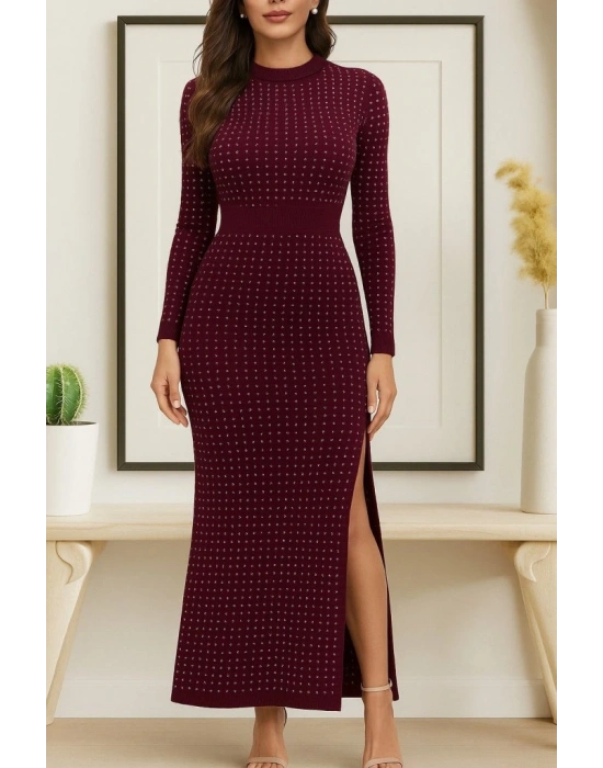 Kadın Uzun Kollu Bisiklet Yaka Taşlı Midi Kadife Elbise