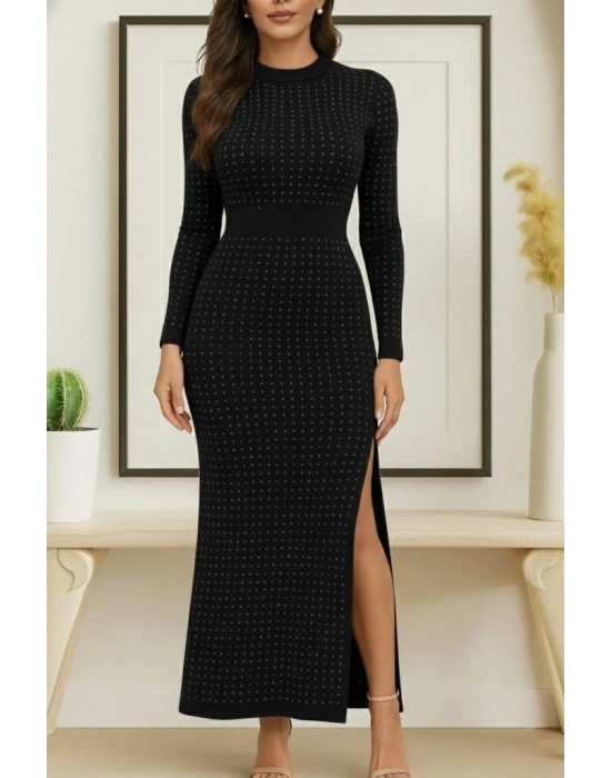 Kadın Uzun Kollu Bisiklet Yaka Taşlı Midi Kadife Elbise