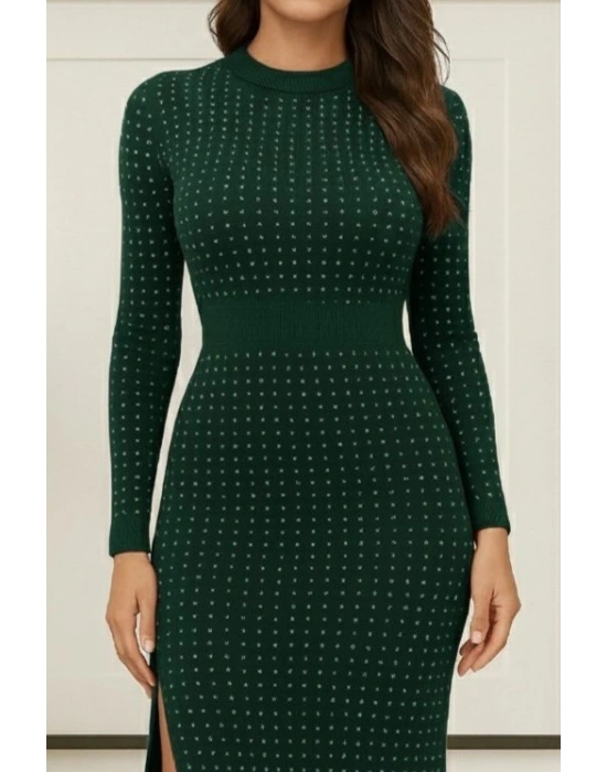 Kadın Uzun Kollu Bisiklet Yaka Taşlı Midi Kadife Elbise