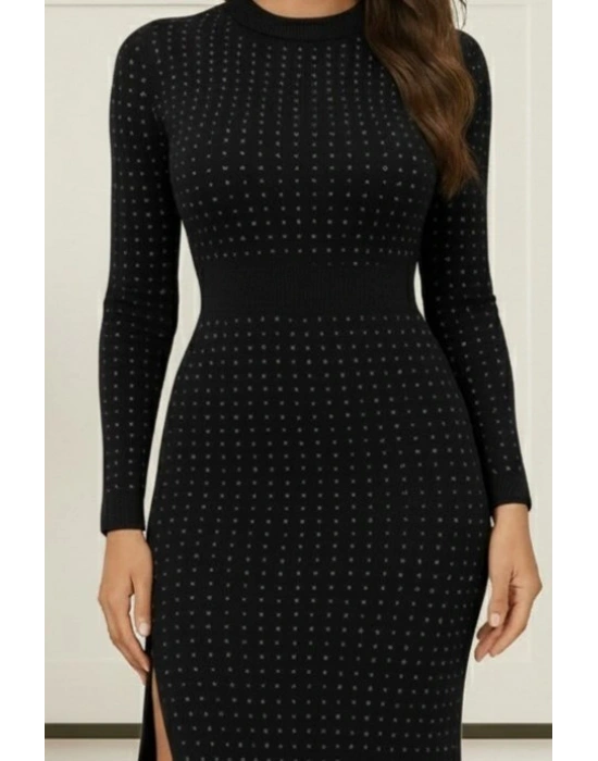 Kadın Uzun Kollu Bisiklet Yaka Taşlı Midi Kadife Elbise