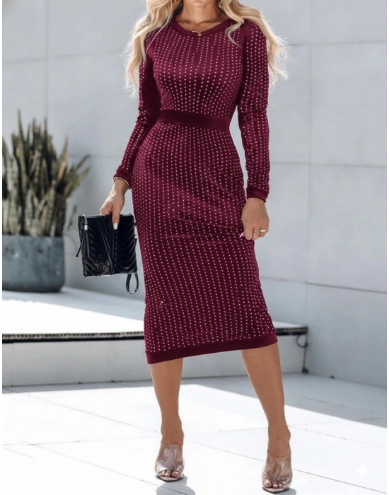 Kadın Uzun Kollu Bisiklet Yaka Taşlı Midi Kadife Elbise