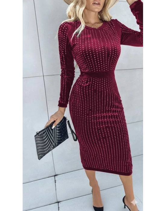 Kadın Uzun Kollu Bisiklet Yaka Taşlı Midi Kadife Elbise