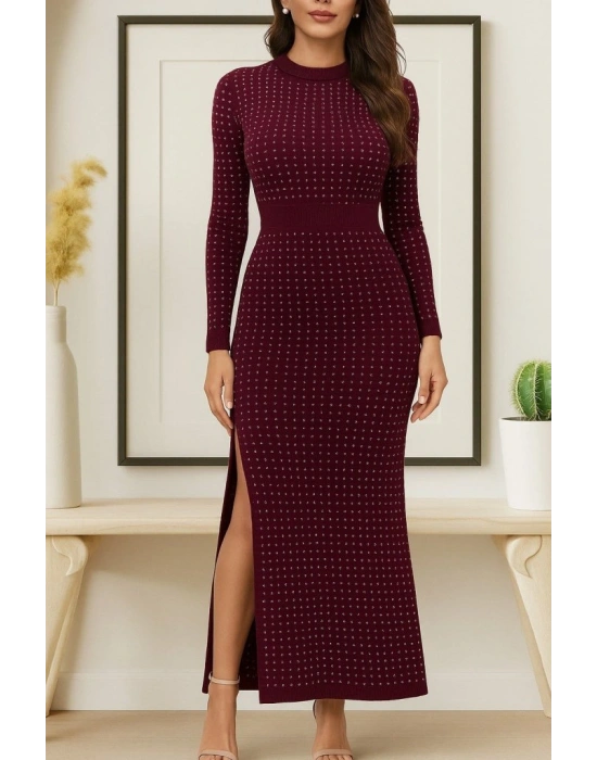 Kadın Uzun Kollu Bisiklet Yaka Taşlı Midi Kadife Elbise