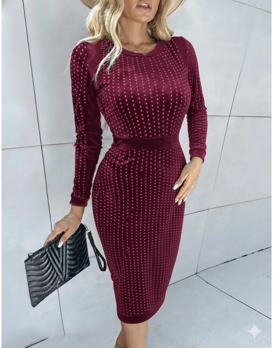 Kadın Uzun Kollu Bisiklet Yaka Taşlı Midi Kadife Elbise