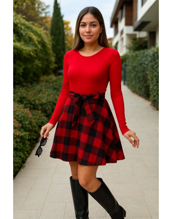 Kadın Uzun Kollu Bisiklet Yaka üst Viskon Alt Ekose Kısa Elbise