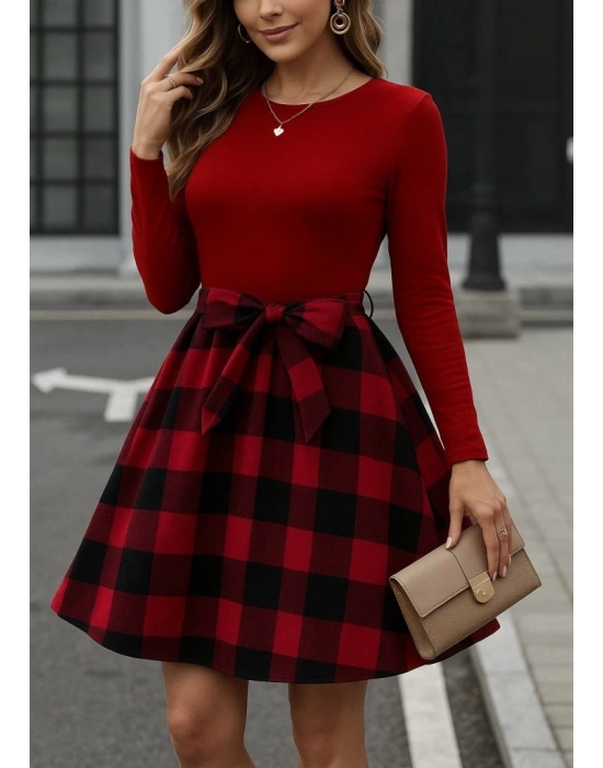 Kadın Uzun Kollu Bisiklet Yaka üst Viskon Alt Ekose Kısa Elbise