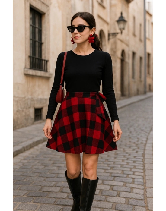 Kadın Uzun Kollu Bisiklet Yaka üst Viskon Alt Ekose Kısa Elbise