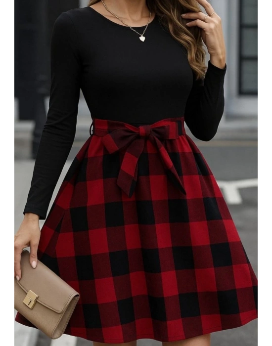 Kadın Uzun Kollu Bisiklet Yaka üst Viskon Alt Ekose Kısa Elbise