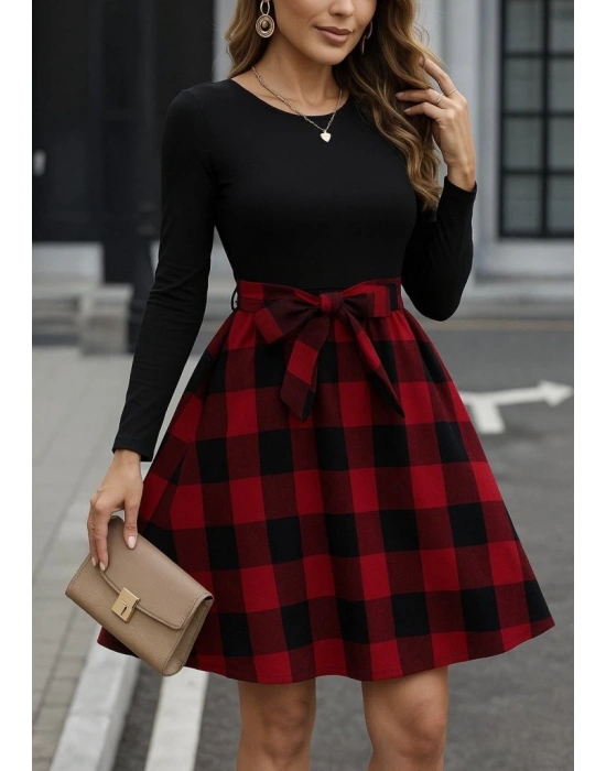 Kadın Uzun Kollu Bisiklet Yaka üst Viskon Alt Ekose Kısa Elbise