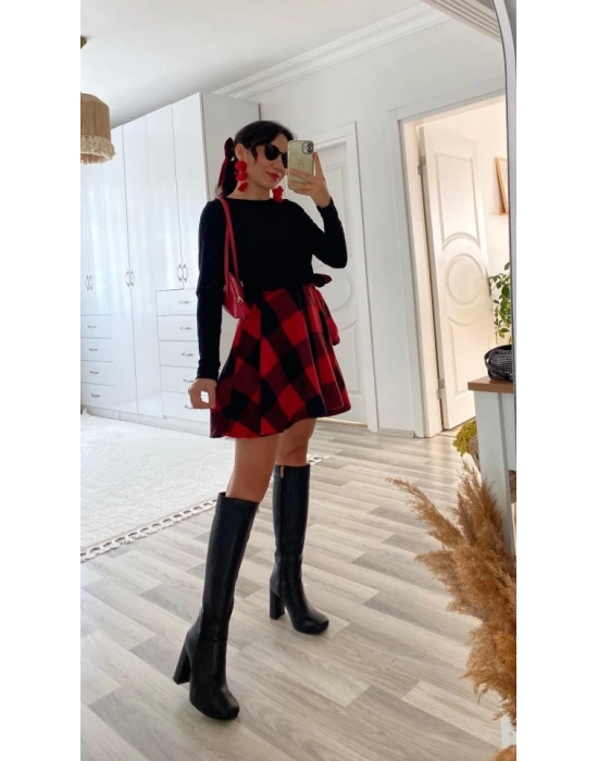 Kadın Uzun Kollu Bisiklet Yaka üst Viskon Alt Ekose Kısa Elbise