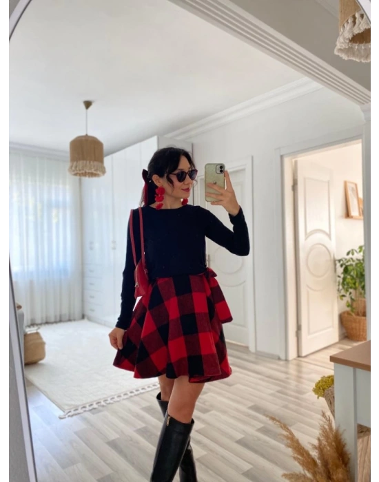 Kadın Uzun Kollu Bisiklet Yaka üst Viskon Alt Ekose Kısa Elbise