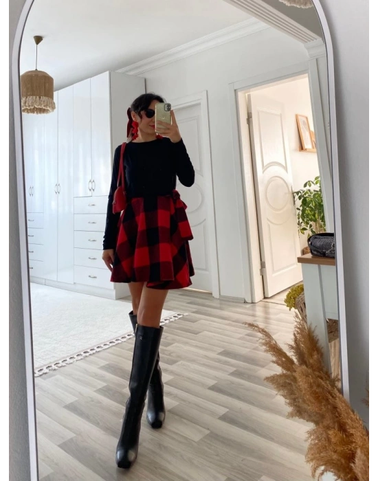 Kadın Uzun Kollu Bisiklet Yaka üst Viskon Alt Ekose Kısa Elbise