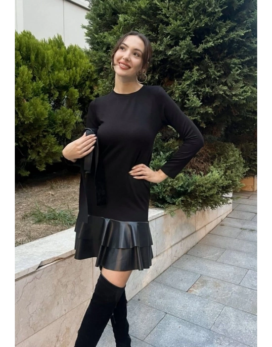 Kadın Uzun Kollu Bisiklet Yaka üst Viskon Etek Ucu Deri Kısa Elbise