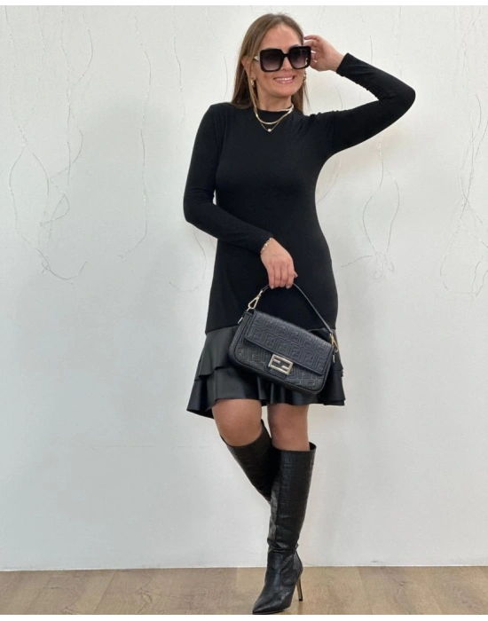 Kadın Uzun Kollu Bisiklet Yaka üst Viskon Etek Ucu Deri Kısa Elbise