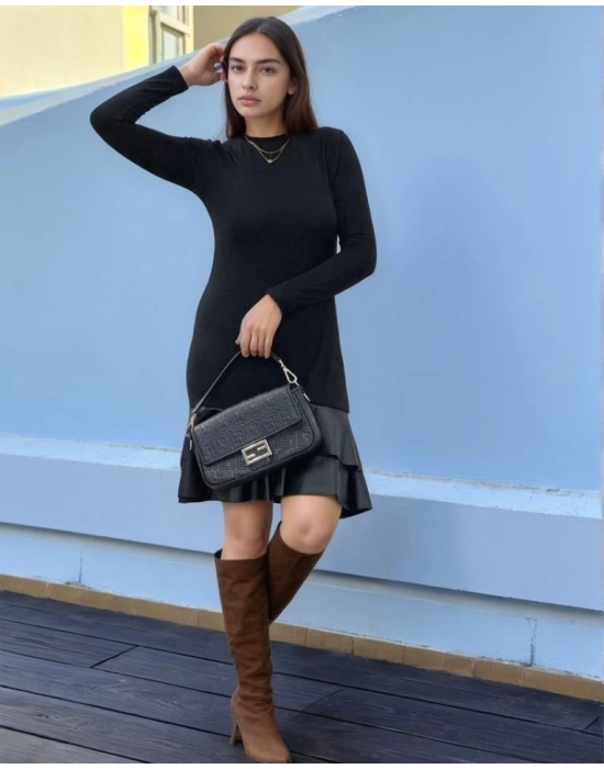 Kadın Uzun Kollu Bisiklet Yaka üst Viskon Etek Ucu Deri Kısa Elbise