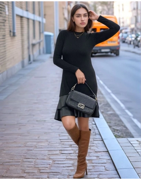 Kadın Uzun Kollu Bisiklet Yaka üst Viskon Etek Ucu Deri Kısa Elbise