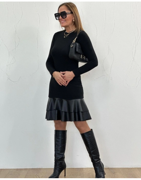 Kadın Uzun Kollu Bisiklet Yaka üst Viskon Etek Ucu Deri Kısa Elbise