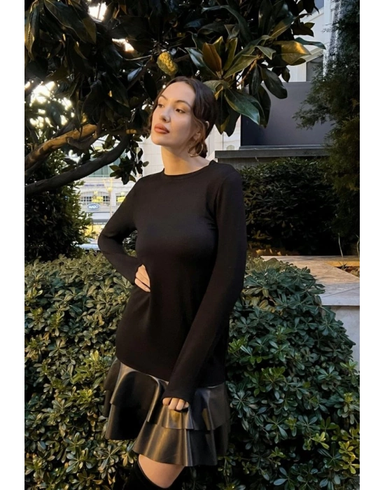 Kadın Uzun Kollu Bisiklet Yaka üst Viskon Etek Ucu Deri Kısa Elbise