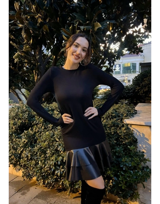 Kadın Uzun Kollu Bisiklet Yaka üst Viskon Etek Ucu Deri Kısa Elbise