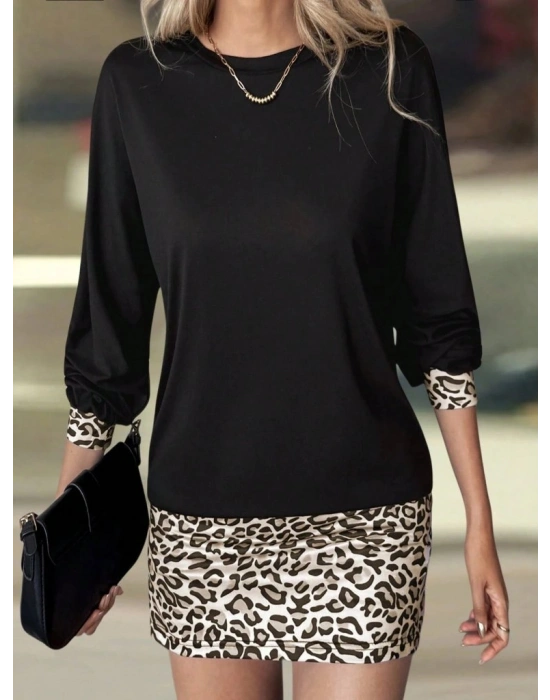 Kadın Uzun Kollu Bisiklet Yaka üst Viskon Iki Iplik Alt Leopar Desenli Mini Elbise