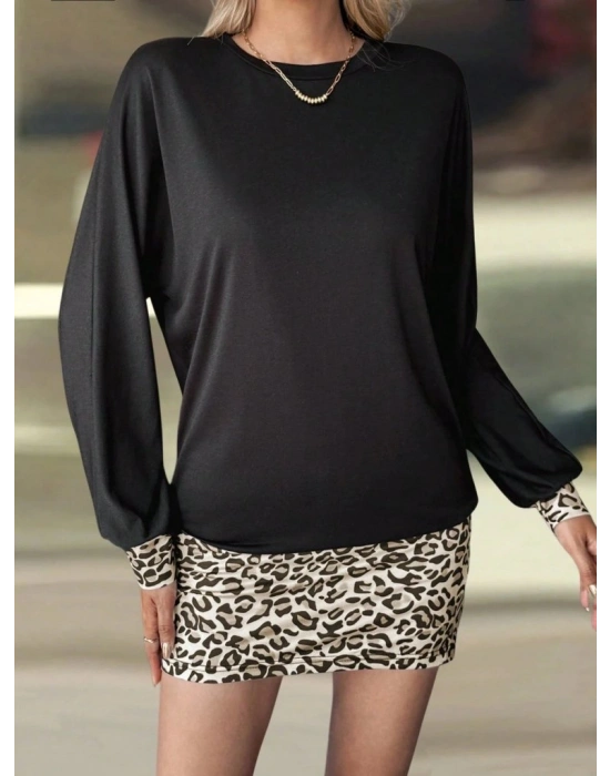Kadın Uzun Kollu Bisiklet Yaka üst Viskon Iki Iplik Alt Leopar Desenli Mini Elbise