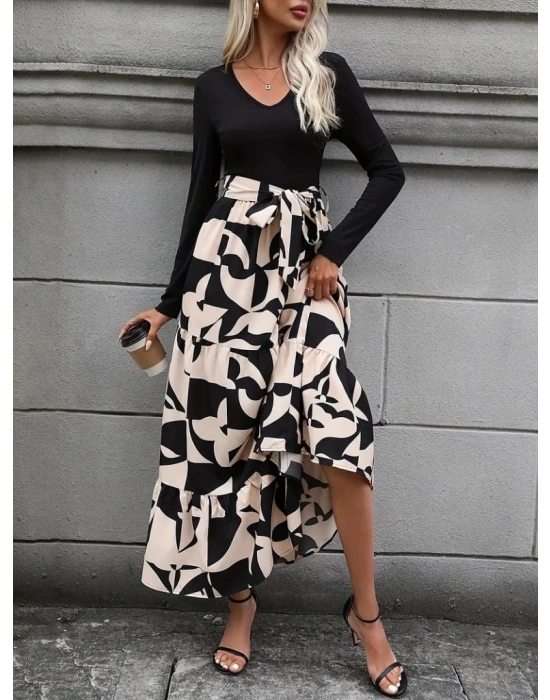 Kadın Uzun Kollu Bisiklet Yaka Uzun Elbise