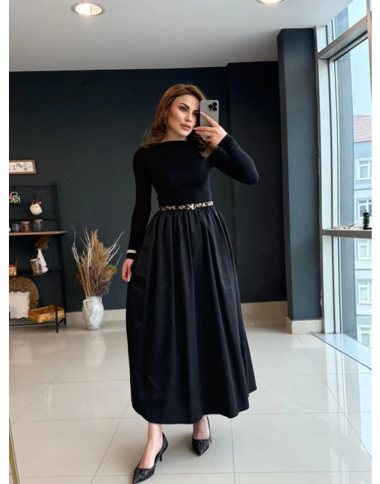 Kadın Uzun Kollu Bisiklet Yaka Uzun üst Viskon Alt Trikoton Elbise