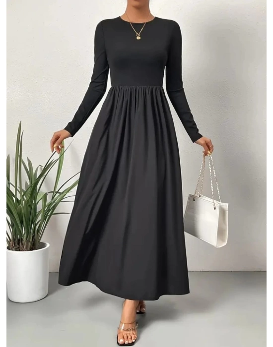Kadın Uzun Kollu Bisiklet Yaka Uzun üst Viskon Alt Trikoton Elbise