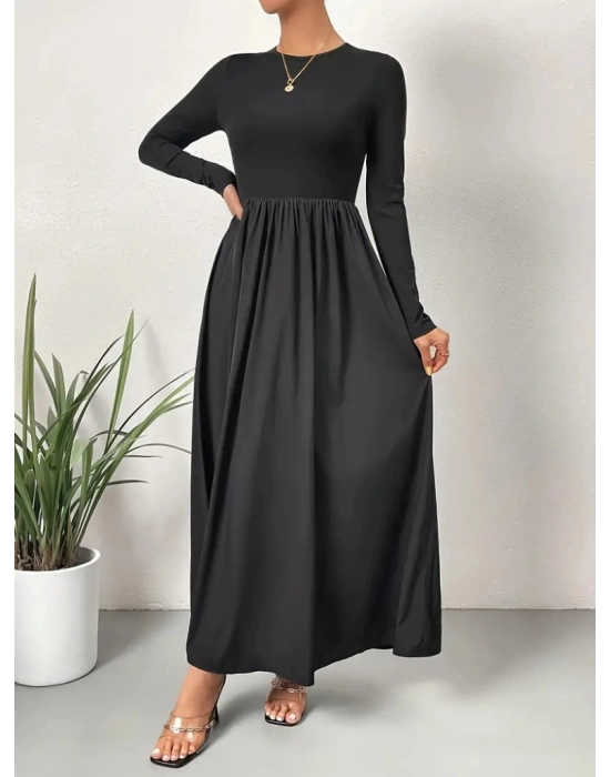 Kadın Uzun Kollu Bisiklet Yaka Uzun üst Viskon Alt Trikoton Elbise