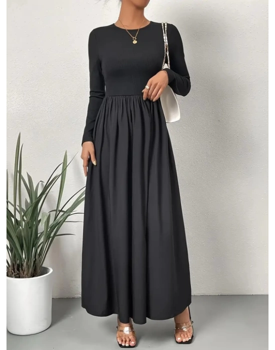 Kadın Uzun Kollu Bisiklet Yaka Uzun üst Viskon Alt Trikoton Elbise